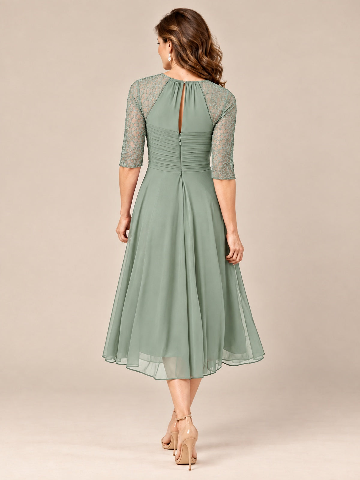 Tea-Length Mother of the Bride Dress with Lace 3/4 Sleeves