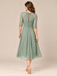 Tea-Length Mother of the Bride Dress with Lace 3/4 Sleeves