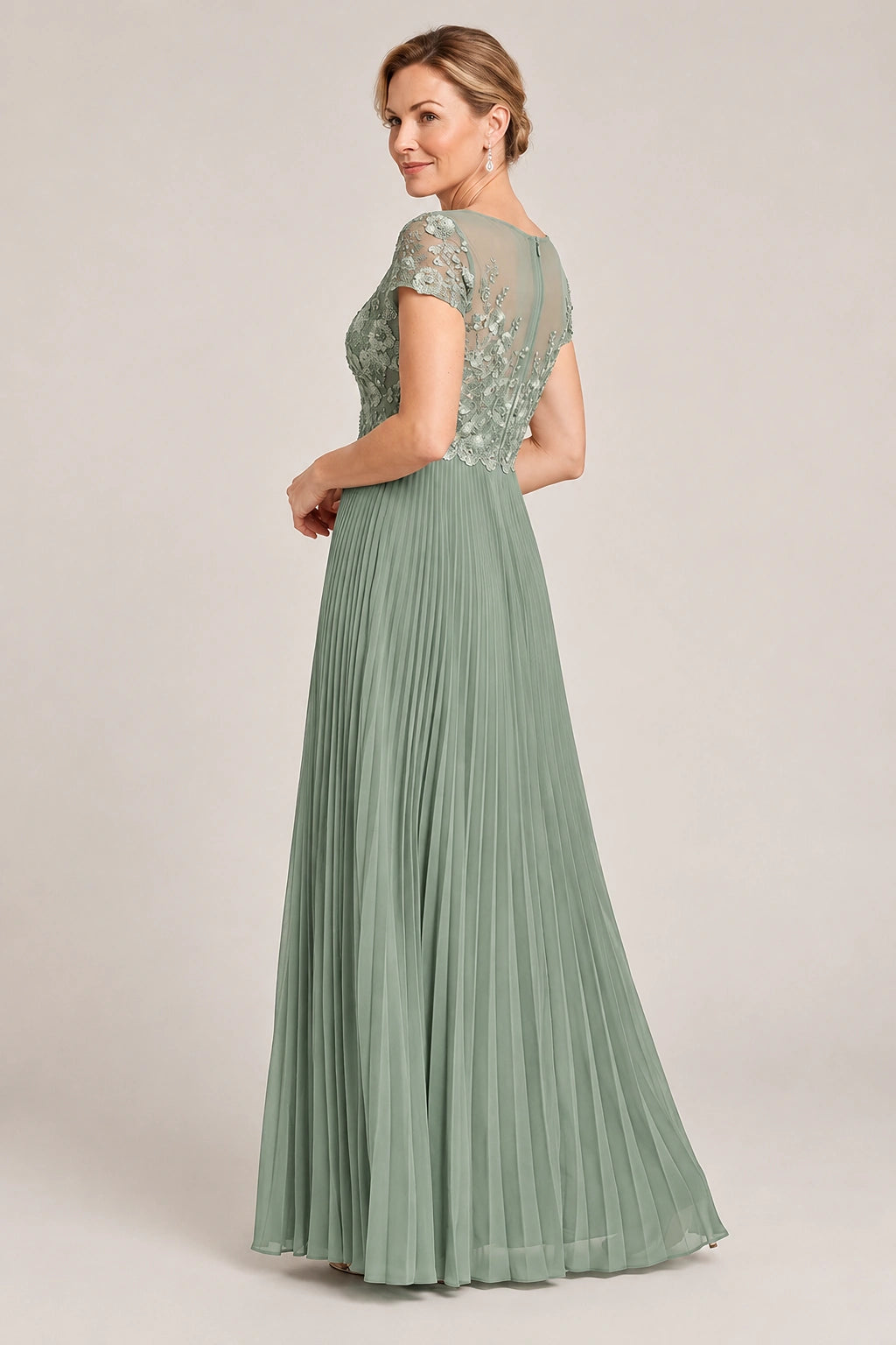 Embroidered Lace Pleated Mother of the Bride Dress