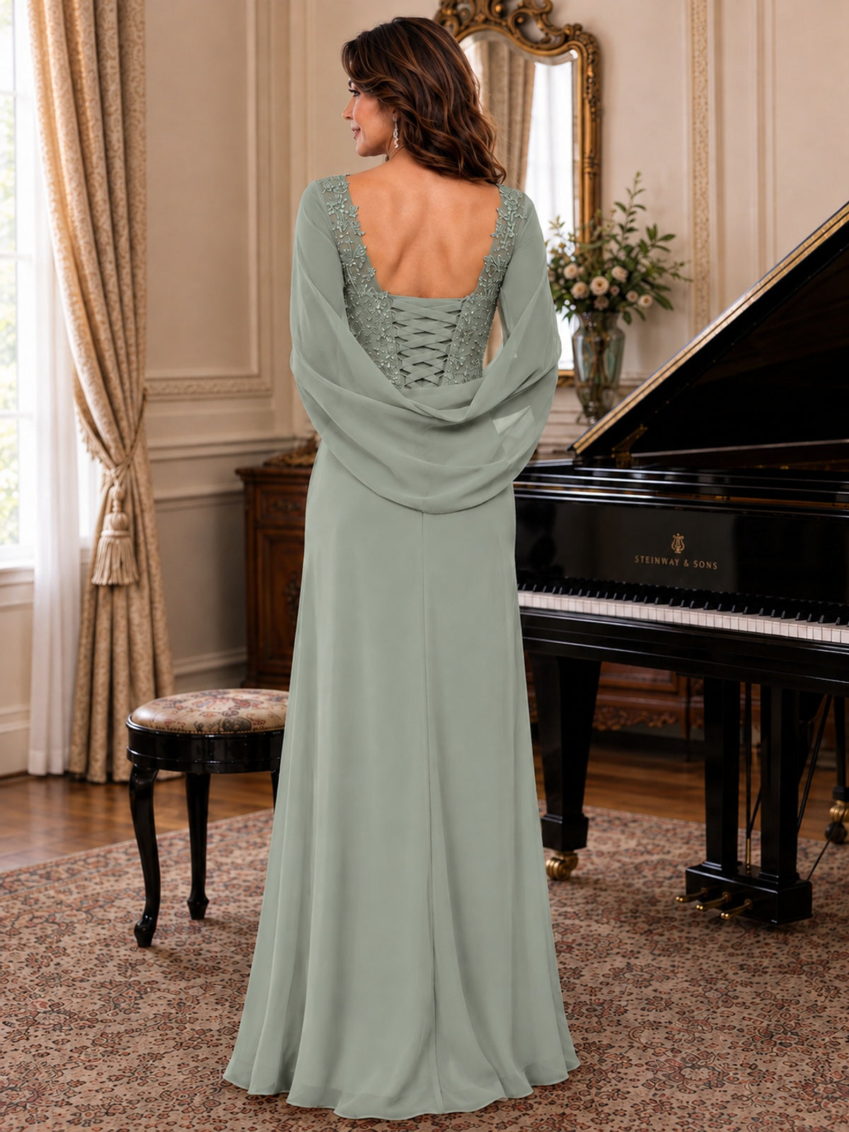 Elegant Applique Chiffon Mother of the Bride Dress with Cape Sleeves
