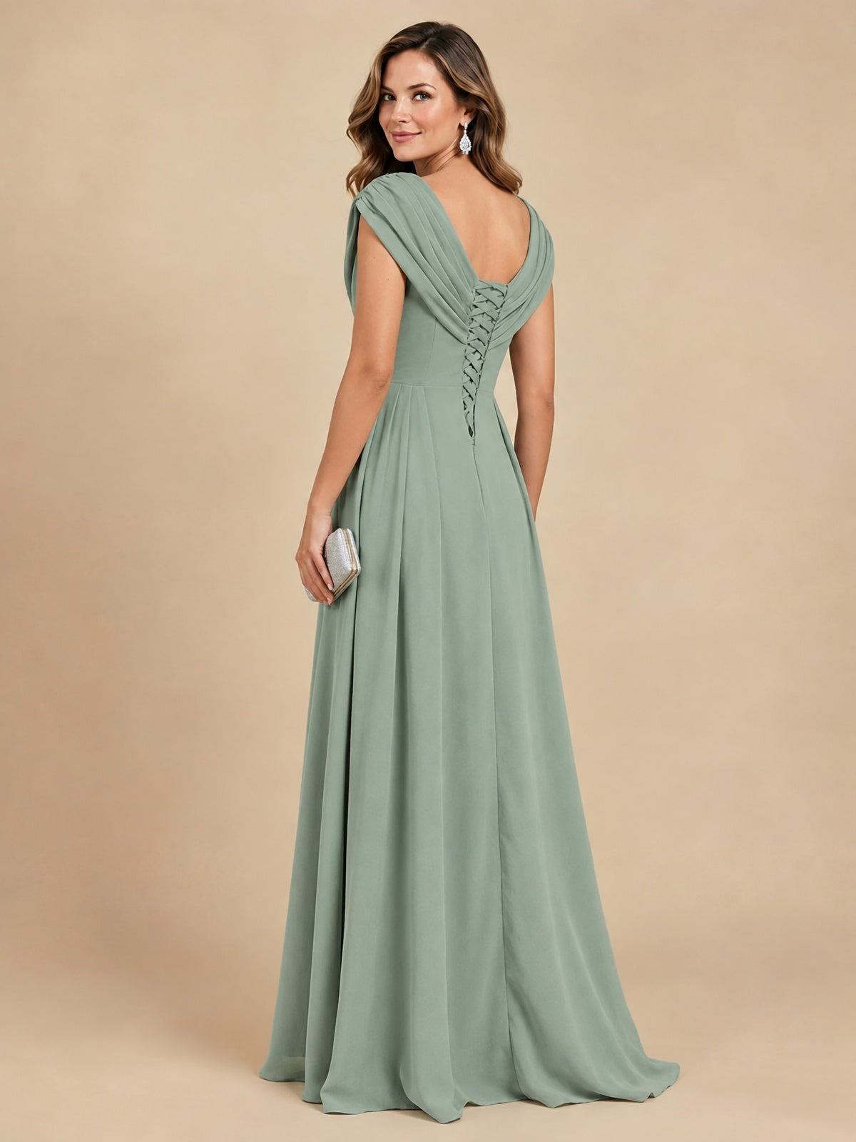 V Neck Pleated Mother of The Bride Dresses with Beading Cap Sleeves