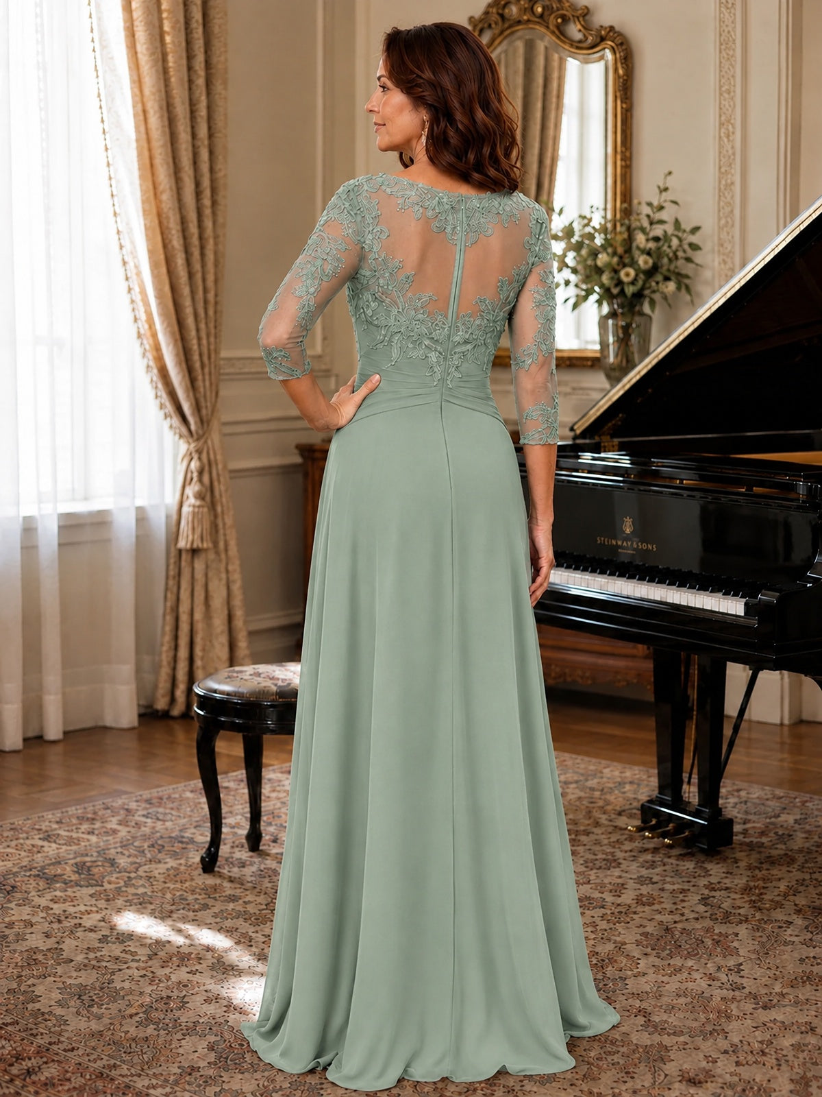 A-Line Chiffon Mother of the Bride Dress with Floral Applique 3/4 Sleeves