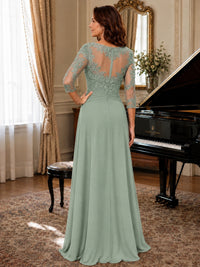 A-Line Chiffon Mother of the Bride Dress with Floral Applique 3/4 Sleeves