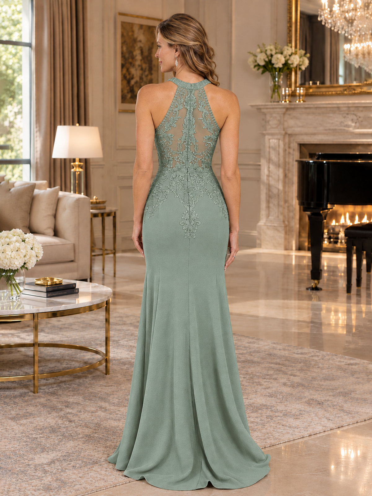 Halter Neckline Lace Appliques Mother of The Bride Dresses