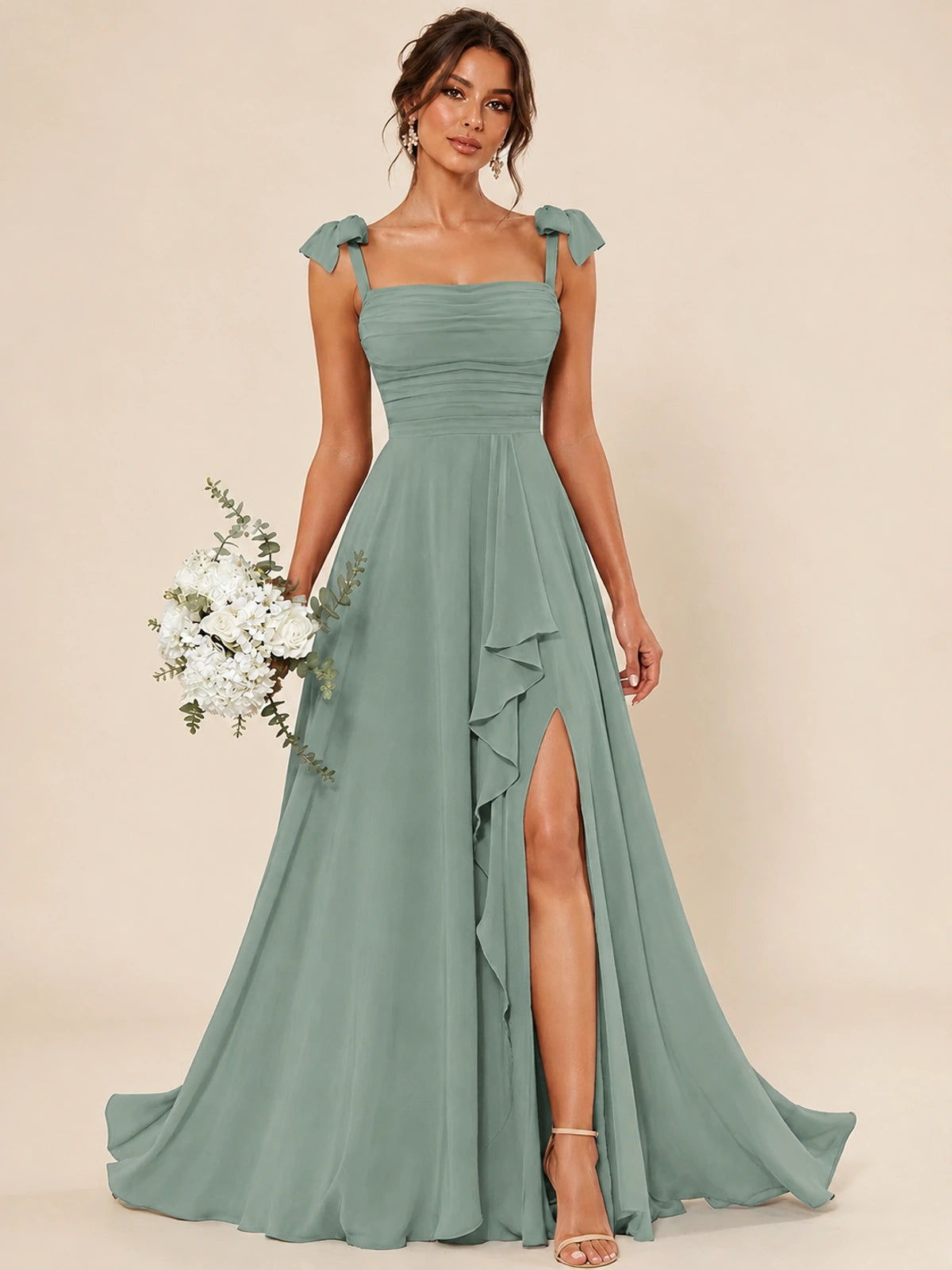 Ruffle Slit Chiffon A Line Scoop Neck Bridesmaid Dresses with Pockets