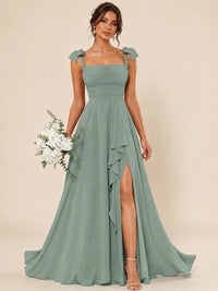 Ruffle Slit Chiffon A Line Scoop Neck Bridesmaid Dresses with Pockets