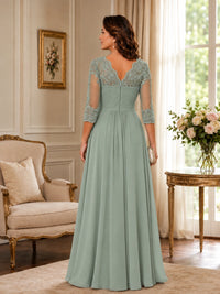 Chiffon Lace Applique Mother of the Bride Dress with 3/4 Sleeves