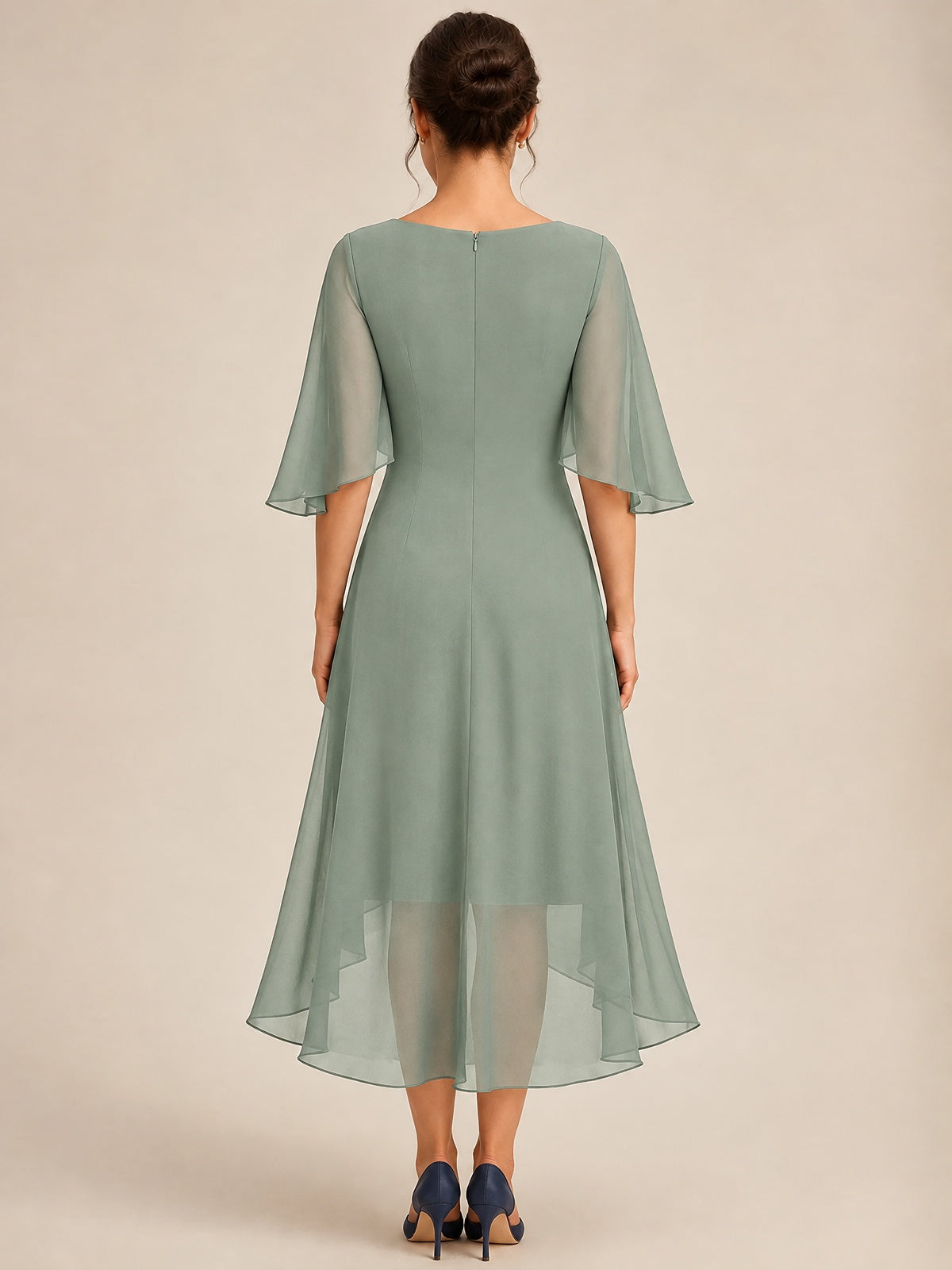 Cowl Neck Ruched Chiffon Mother of the Bride Dresses with Flutter Sleeves