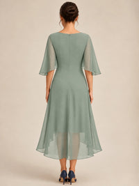 Cowl Neck Ruched Chiffon Mother of the Bride Dresses with Flutter Sleeves