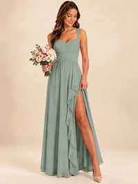 Spaghetti Straps Pleated Chiffon Bridesmaid Dress with Ruffle Slit