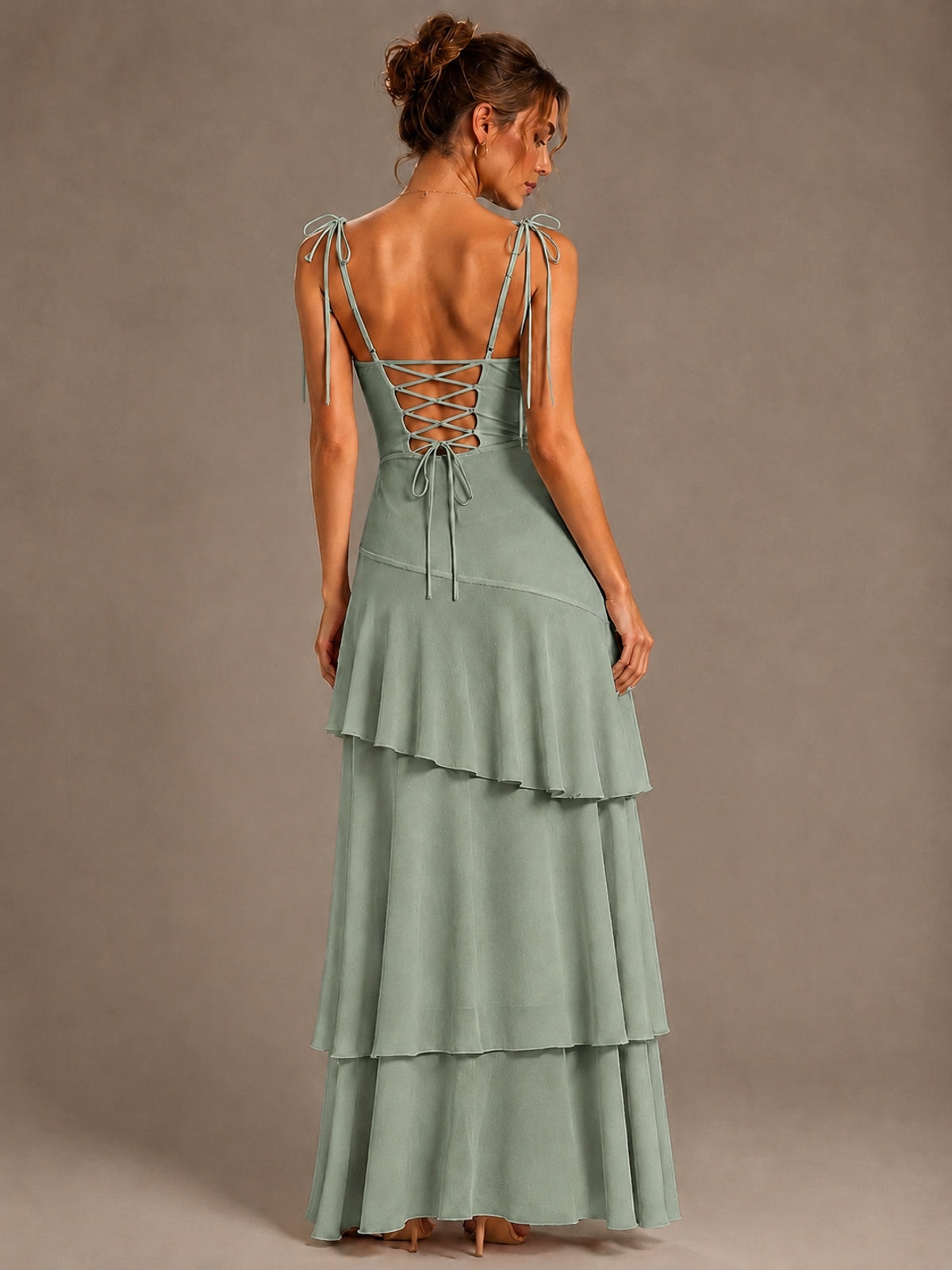 Spaghetti Strap Tiered Ruffles Chiffon Prom Dress