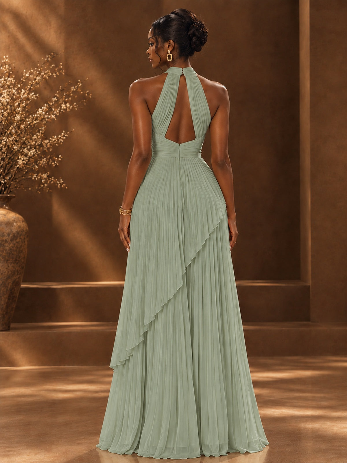 Wrap Pleated Prom Dress Halter A-line Chiffon Formal Wedding Dress
