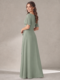 Scoop Neck A-line Chiffon Bridesmaid Dress with Flutter Sleeve & Belt