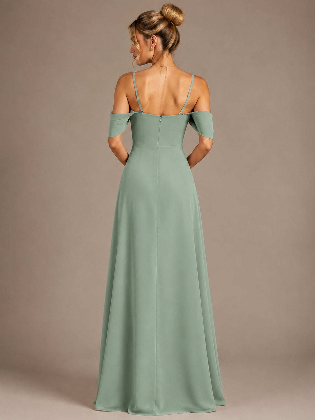 Spaghetti Strap Chiffon Bridesmaid Dress with Ruffles Slit