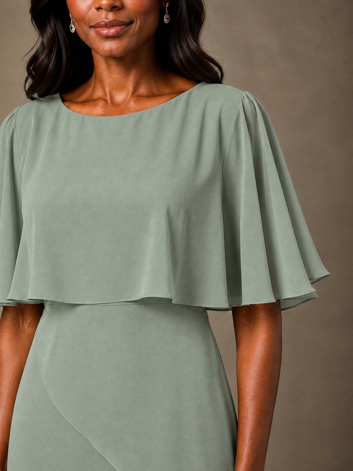 Taupe Chiffon A-Line Mother of the Bride Dress with Cape Sleeves