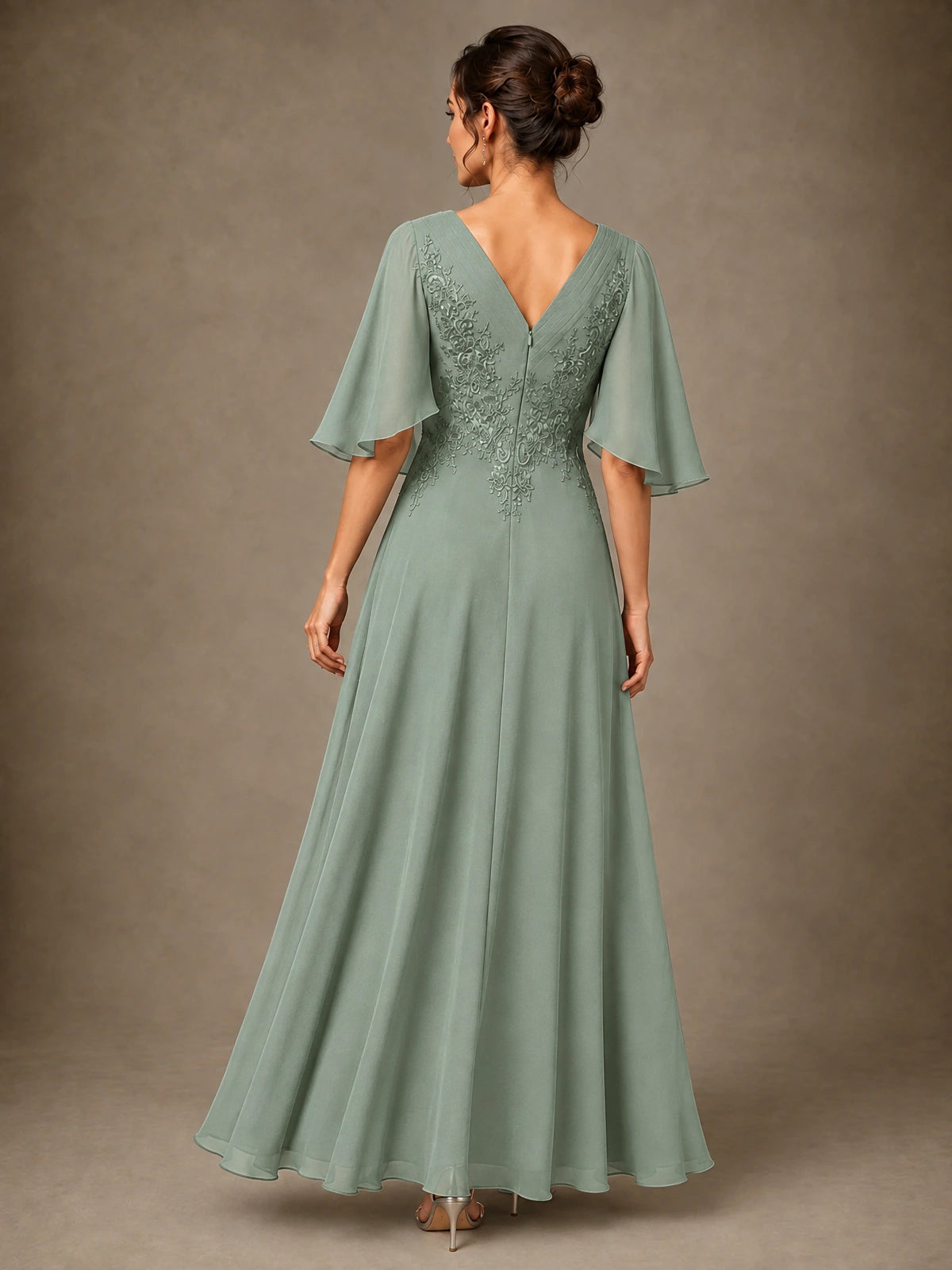 V-Neck Chiffon Lace Mother of the Bride Dress with Flutter Sleeves