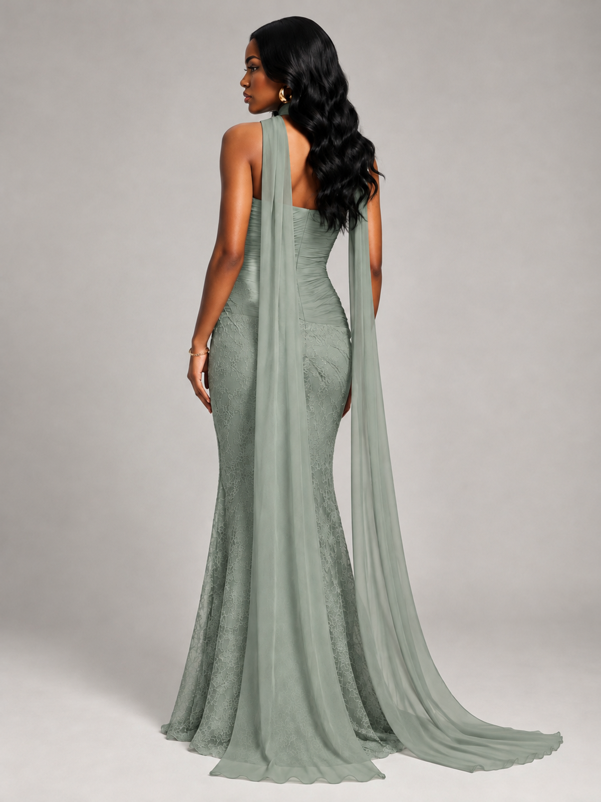 Pleated Chiffon Lace Prom Dresses Long Bodycon Mermaid with Scarf