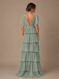 Chiffon V-Neck Tiered Ruffle Bridesmaid Dress with Slit
