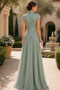 V Neck Cap Sleeve A-Line Floor-Length Satin Bridesmaid Dress
