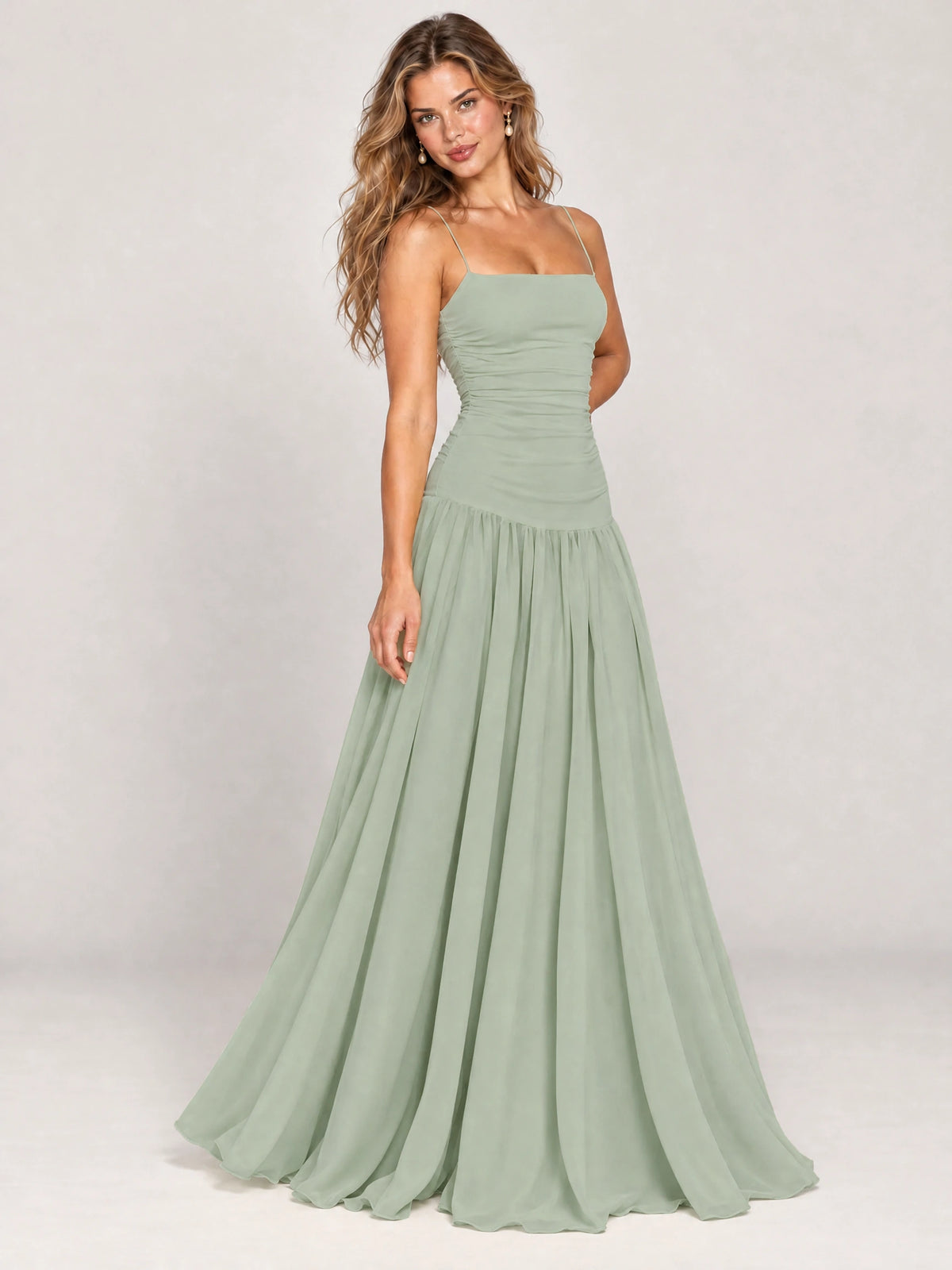 Butter Yellow Ruched Spaghetti Strap Drop-Waist Prom Dress