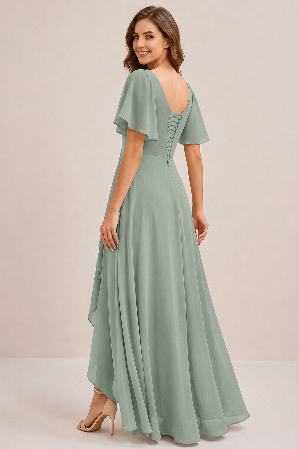 Dusty Blue Chiffon Bridesmaid Dress with Flutter Sleeves & High-Low Hem