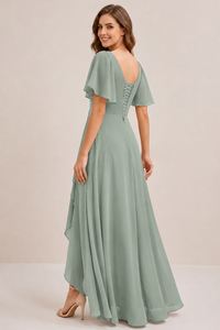 Dusty Blue Chiffon Bridesmaid Dress with Flutter Sleeves & High-Low Hem