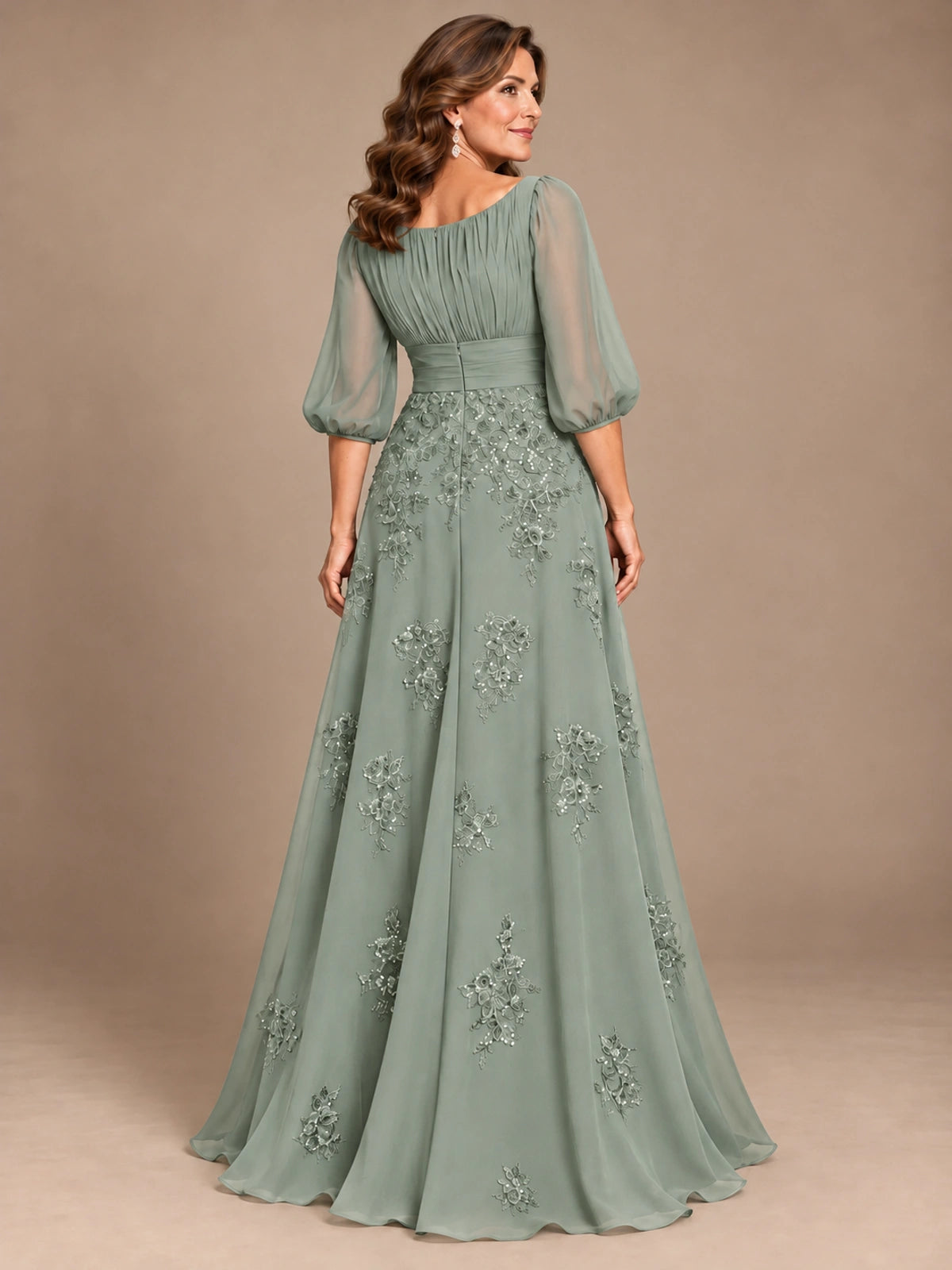 A-Line Mother of the Bride Dress with Sheer Puff Sleeves
