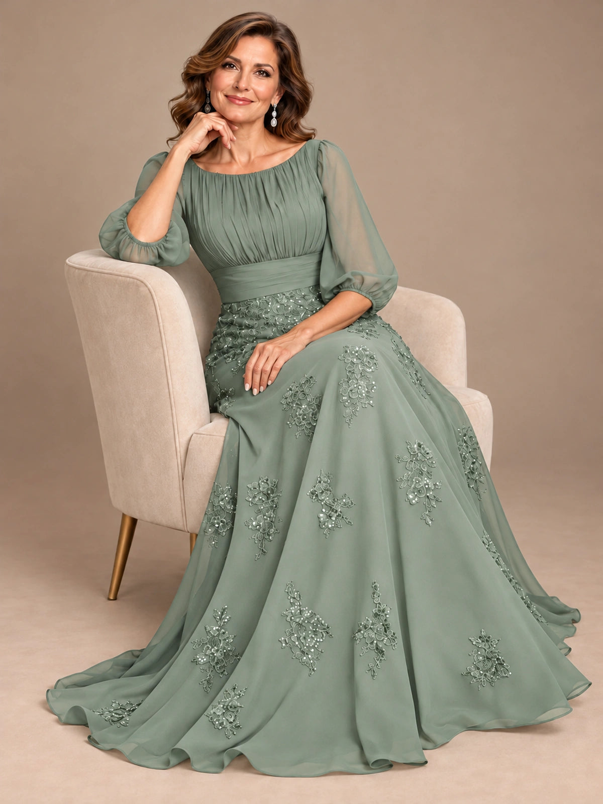 A-Line Mother of the Bride Dress with Sheer Puff Sleeves