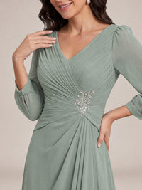 V-Neck Pleated Chiffon Mother of the Bride Dress with Flutter Sleeves