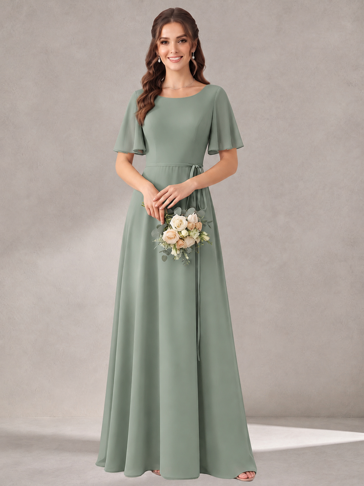 Scoop Neck A-line Chiffon Bridesmaid Dress with Flutter Sleeve & Belt