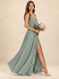 Spaghetti Straps Pleated Chiffon Bridesmaid Dress with Ruffle Slit