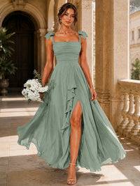Ruffle Slit Chiffon A Line Scoop Neck Bridesmaid Dresses with Pockets