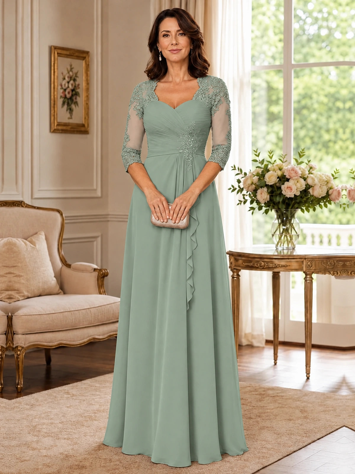 Chiffon Lace Applique Mother of the Bride Dress with 3/4 Sleeves