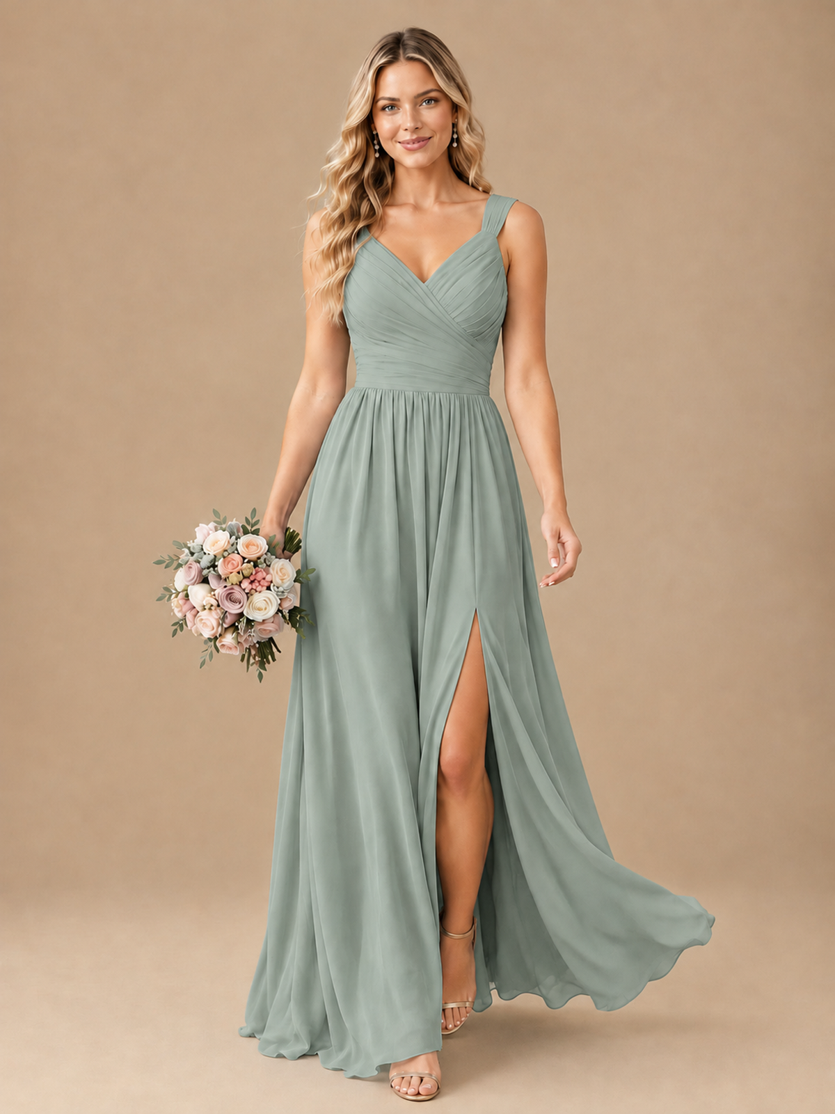 Pleated Chiffon V Neck Wedding Bridesmaid Dresses Floor Length with Slit