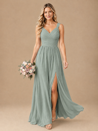 Pleated Chiffon V Neck Wedding Bridesmaid Dresses Floor Length with Slit