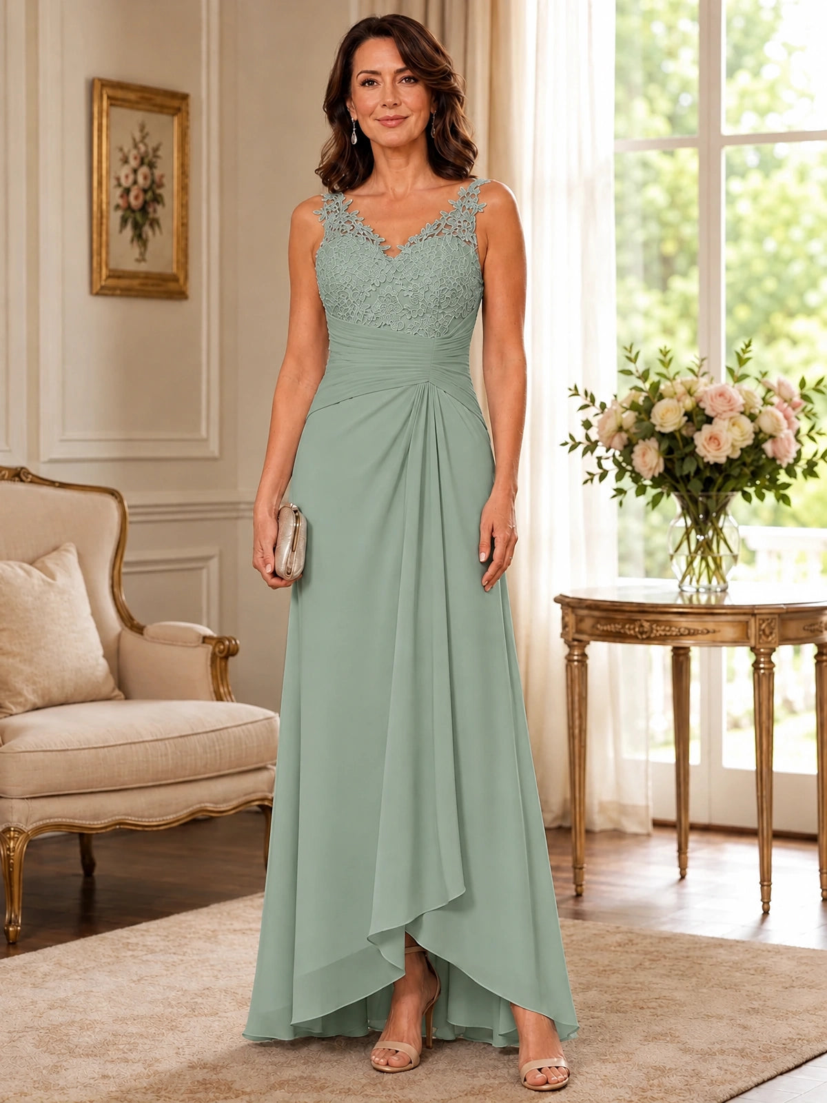 Elegant Chiffon Mother of the Bride Dress with Lace Applique and Cape Sleeves