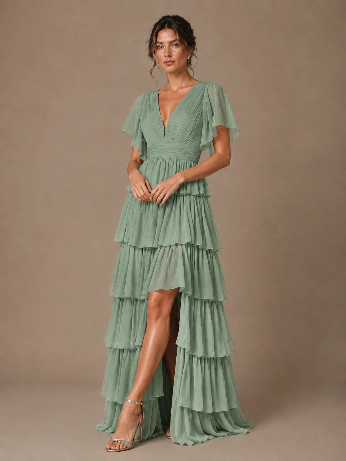 Chiffon V-Neck Tiered Ruffle Bridesmaid Dress with Slit