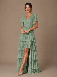 Chiffon V-Neck Tiered Ruffle Bridesmaid Dress with Slit