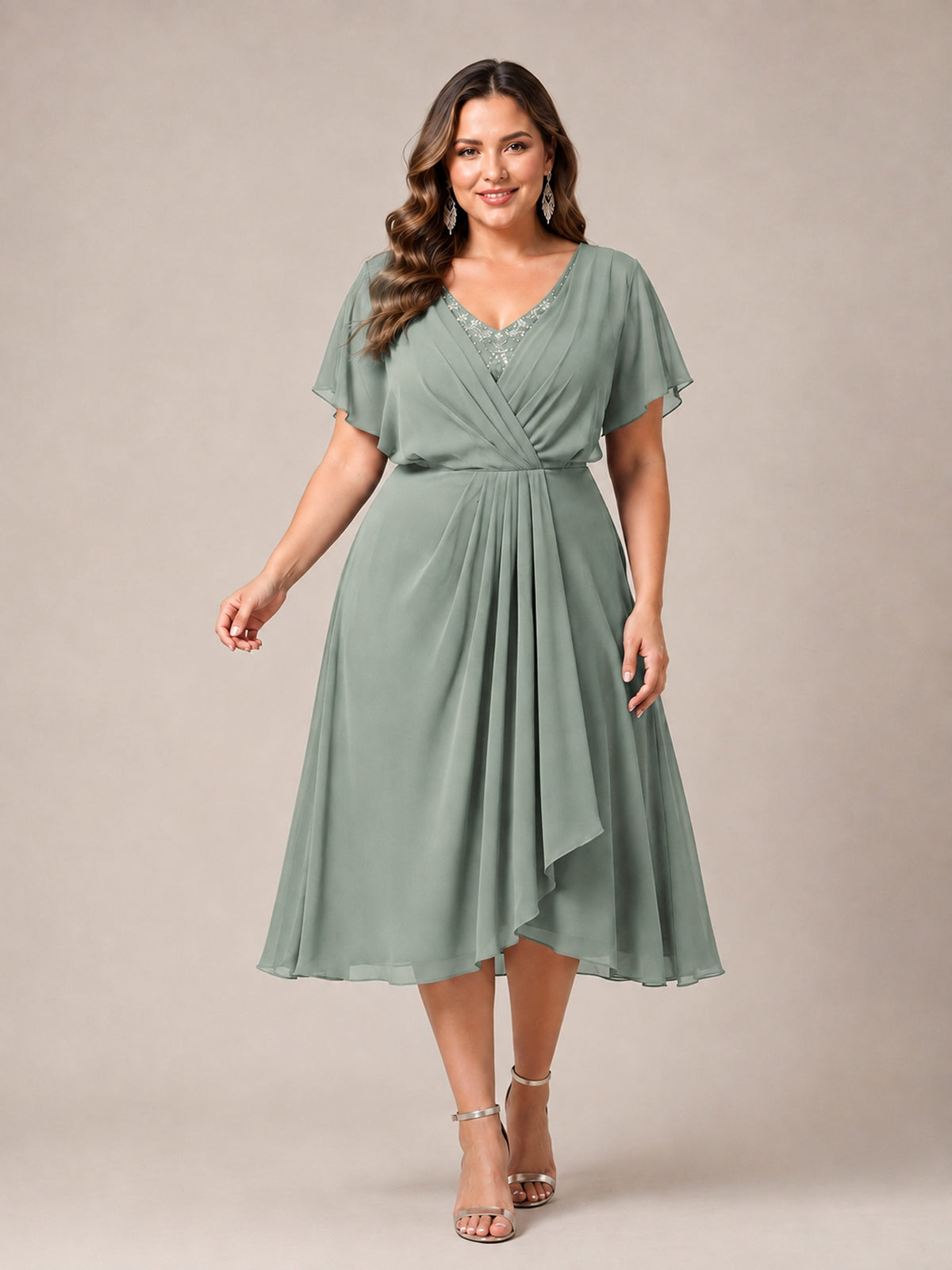 Navy Blue A-Line V-Neck Tea-Length Mother of the Bride Dress