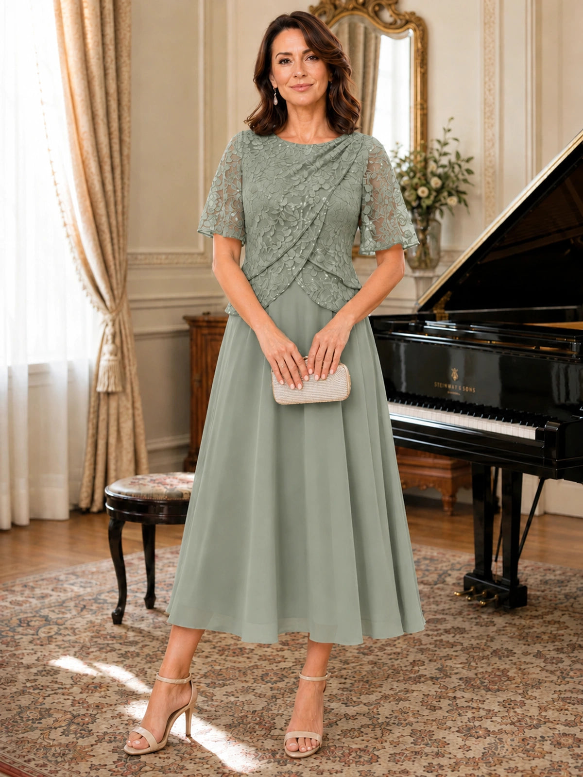 Tea-Length Chiffon Mother of the Bride Dress with Sequin Lace Sleeves