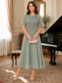 Tea-Length Chiffon Mother of the Bride Dress with Sequin Lace Sleeves