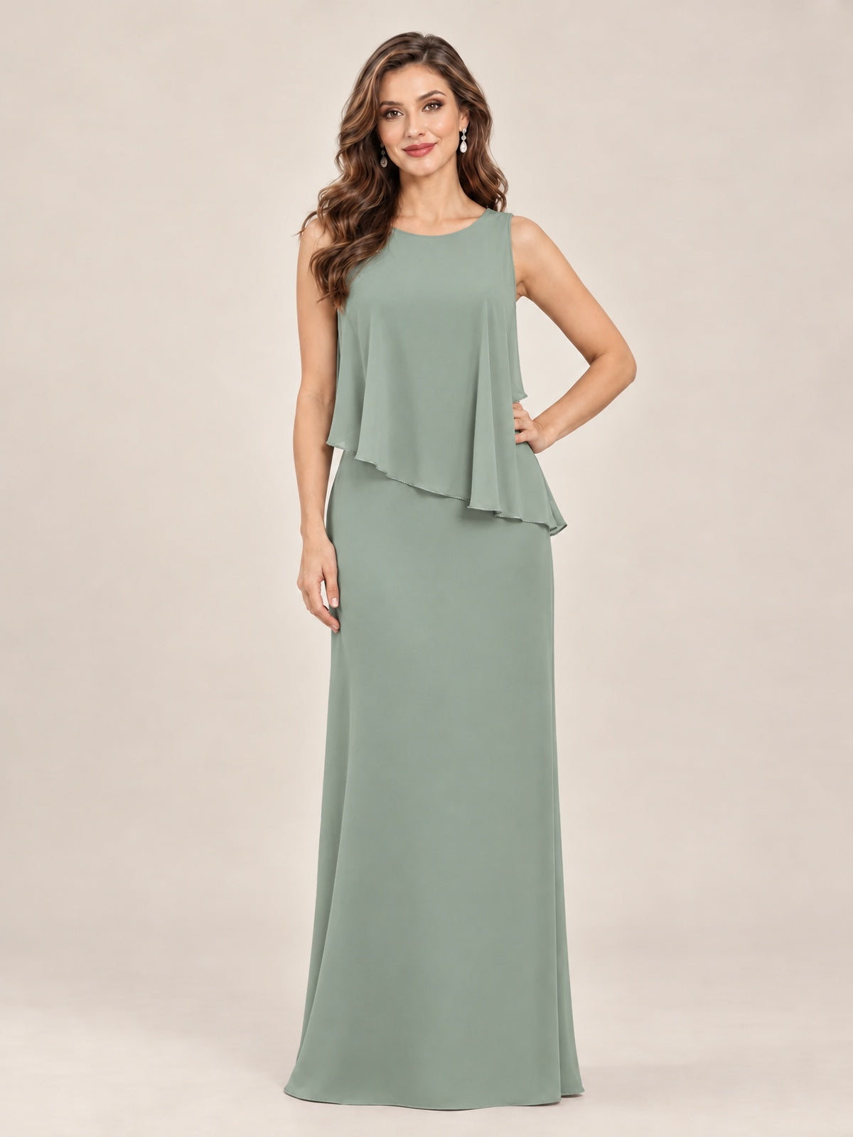 Cape Sleeve Mother of the Bride Dress with Asymmetrical Overlay