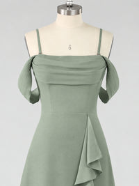 Spaghetti Strap Chiffon Bridesmaid Dress with Ruffles Slit
