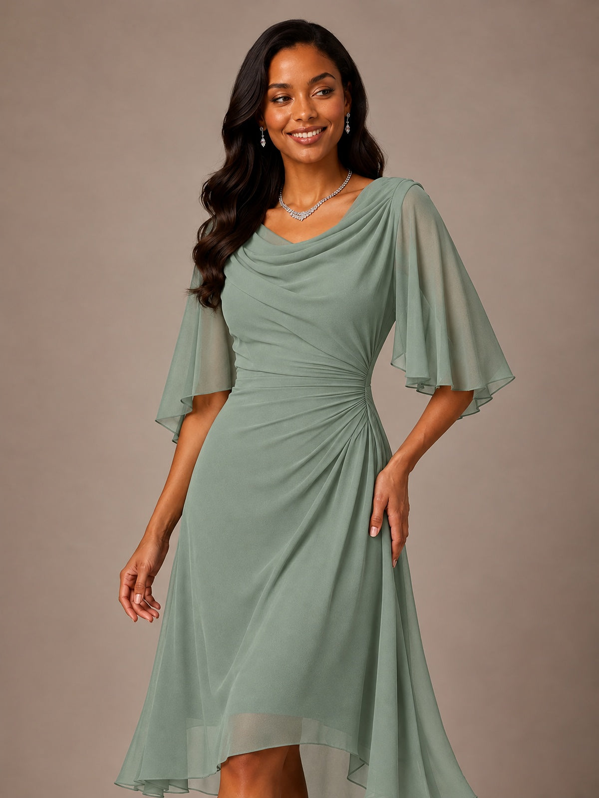 Cowl Neck Ruched Chiffon Mother of the Bride Dresses with Flutter Sleeves