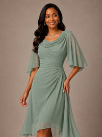 Cowl Neck Ruched Chiffon Mother of the Bride Dresses with Flutter Sleeves