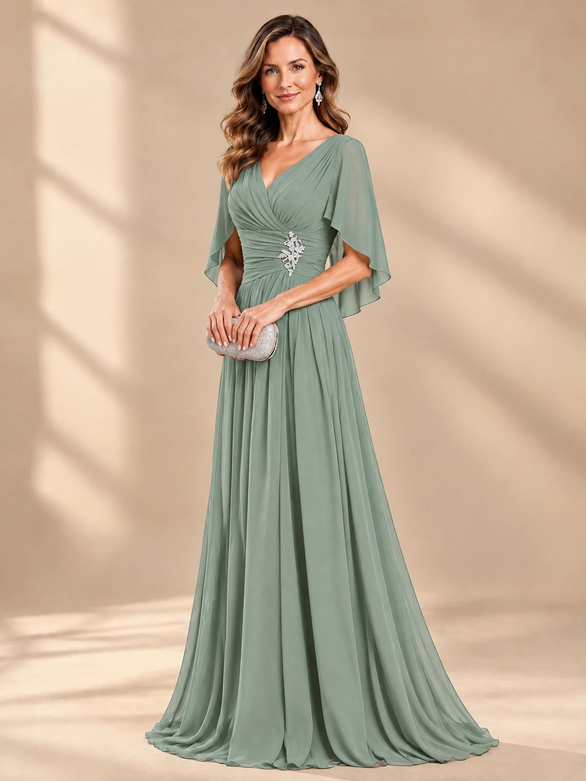 Ruched V Neck Mother of The Bride Dresses with Shawls Appliques and Cap Sleeves