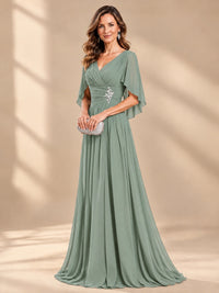 Ruched V Neck Mother of The Bride Dresses with Shawls Appliques and Cap Sleeves