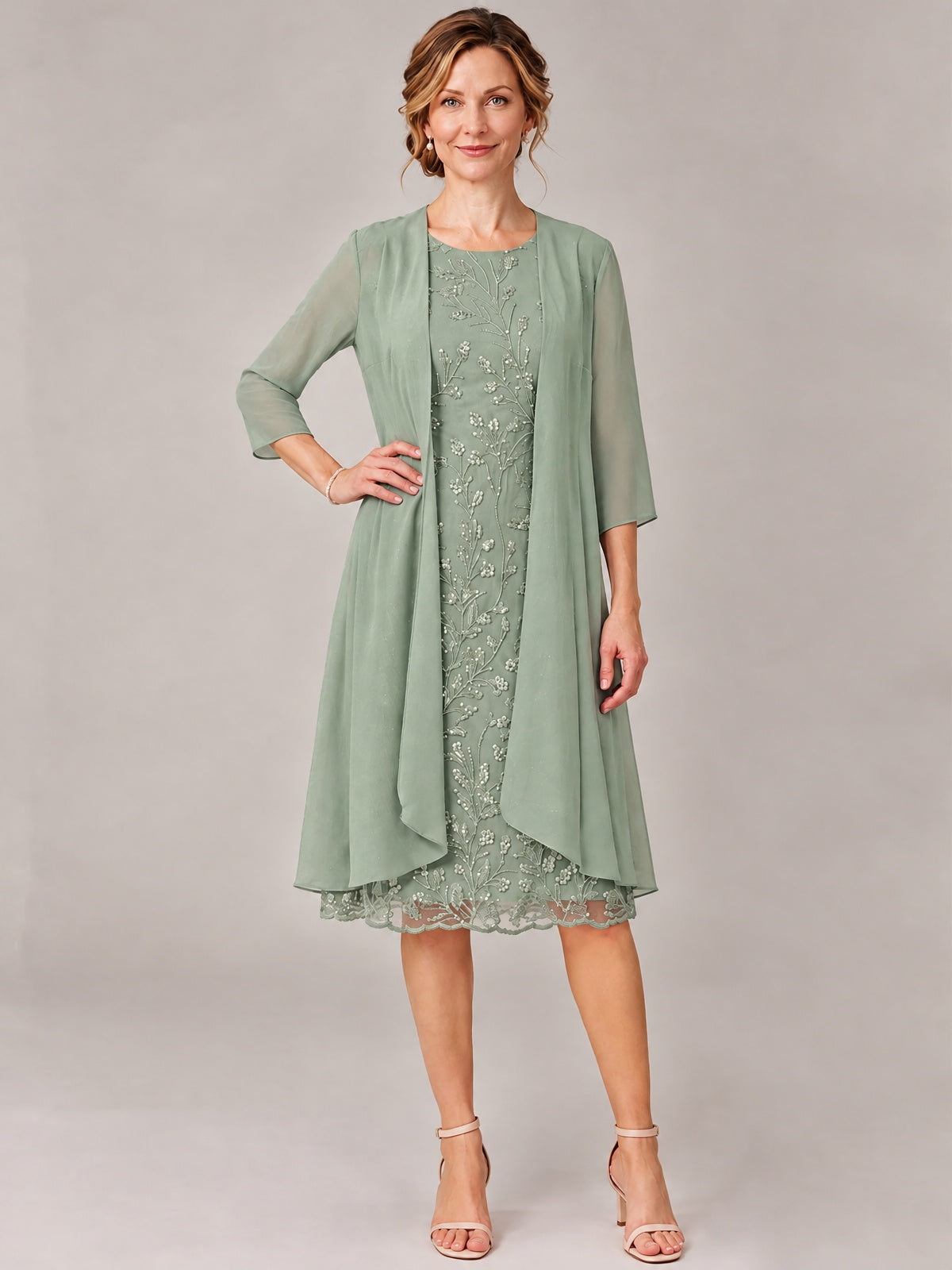 Tea Length Sequin Lace Mother of The Bride Dress with Chiffon Jacket
