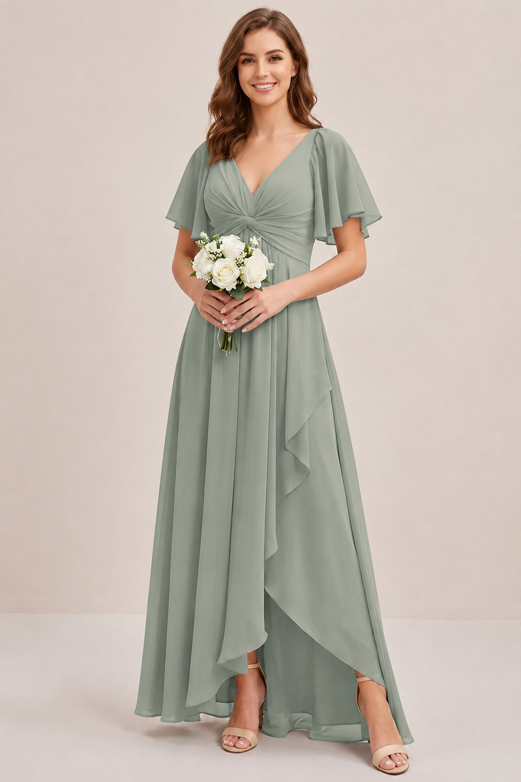 Dusty Blue Chiffon Bridesmaid Dress with Flutter Sleeves & High-Low Hem