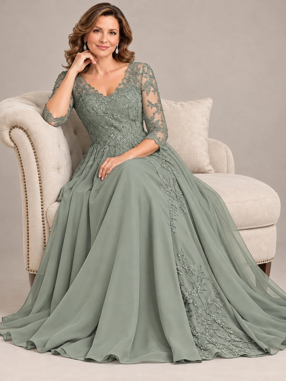 Sequin Lace A-Line Mother of the Bride Dress with 3/4 Sleeves